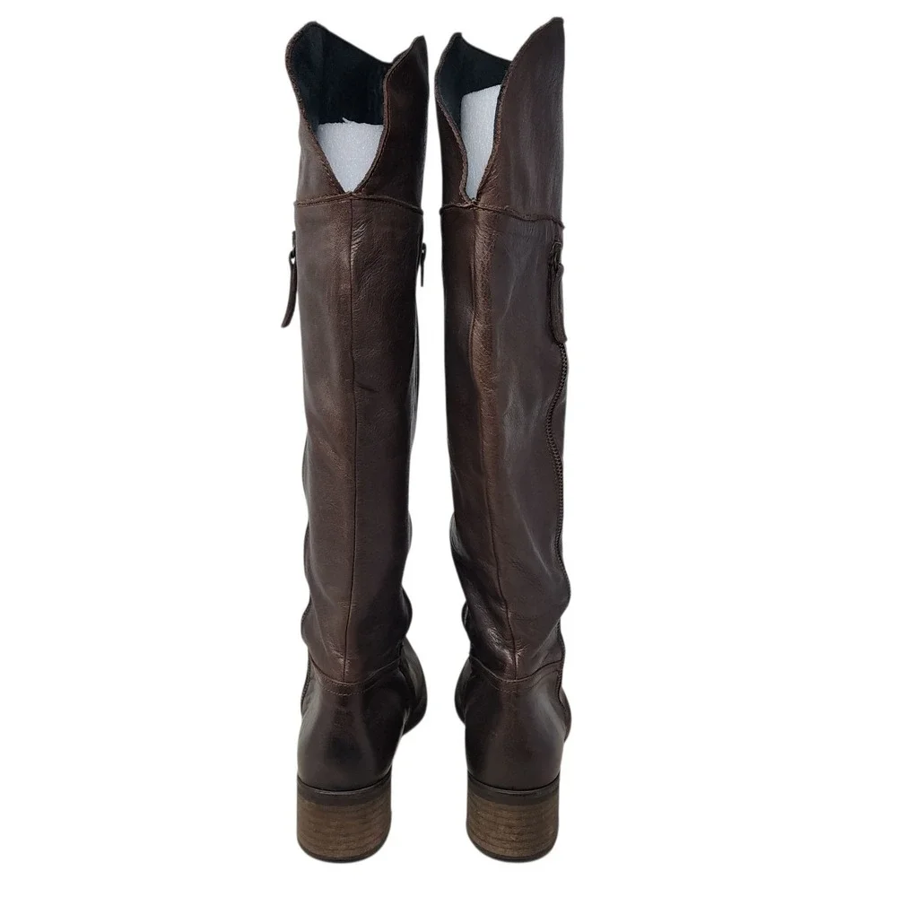 Womens Leather Riding Boots 41 Brown Knee High Side Zip Block Heel Made Portugal